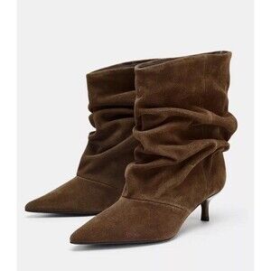 ZARA NWT Ruched Split Leather Ankle Boots Dark Tan Brown EU 41 US 10 - 3100/610